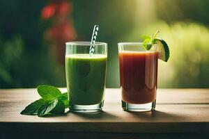 deux des lunettes de vert et rouge smoothies sur une tableau. généré par ai photo