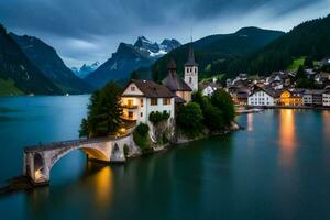 le village de hallstatt dans le Alpes. généré par ai photo