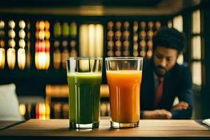 deux des lunettes de jus sur une tableau. généré par ai photo