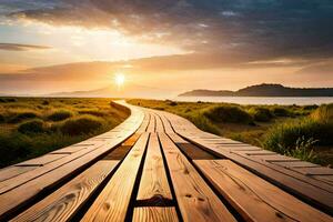 une en bois passerelle pistes à le océan à le coucher du soleil. généré par ai photo