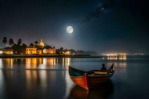 une bateau est assis sur le l'eau à nuit avec une lune dans le ciel. généré par ai photo