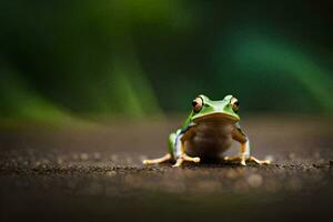 une grenouille séance sur le sol avec une floue Contexte. généré par ai photo