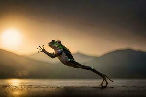 une grenouille sauter dans le air à le coucher du soleil. généré par ai photo