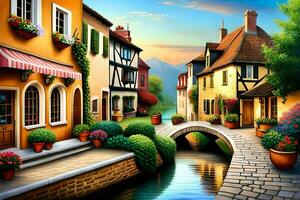 une La peinture de une petit ville avec une rivière et Maisons. généré par ai photo