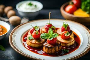 une assiette avec coquilles saint-jacques, des fraises et tomates. généré par ai photo