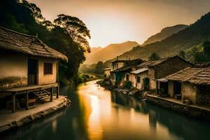 une rivière court par une village à le coucher du soleil. généré par ai photo