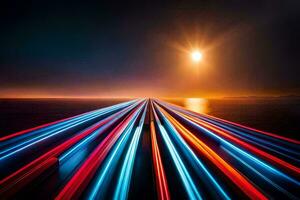 une longue exposition photo de une route avec lumière les sentiers. généré par ai