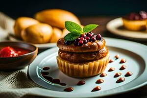 une Pâtisserie avec baies et sauce sur une plaque. généré par ai photo