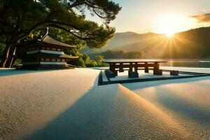 le Soleil est réglage plus de une Japonais pagode. généré par ai photo