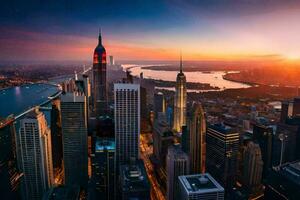 le Soleil ensembles plus de Nouveau york ville. généré par ai photo