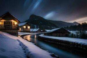 photo fond d'écran le ciel, nuit, montagnes, le rivière, le neige, le montagnes, le. généré par ai