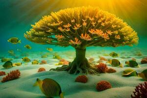 une arbre avec corail et poisson dans le océan. généré par ai photo