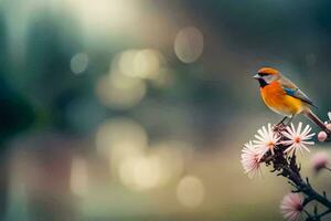 une oiseau est perché sur une fleur dans de face de une flou Contexte. généré par ai photo