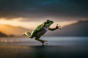 une grenouille sauter dans le air sur une lac. généré par ai photo