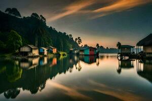 une Lac avec Maisons sur il à le coucher du soleil. généré par ai photo