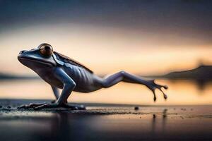 une grenouille est permanent sur le plage à le coucher du soleil. généré par ai photo