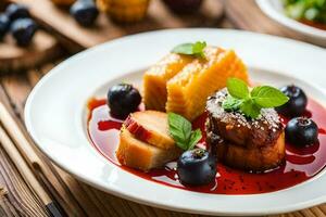 une assiette avec nourriture et une bol de fruit. généré par ai photo