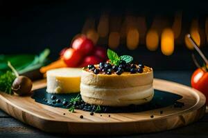 fromage et des légumes sur une en bois planche. généré par ai photo