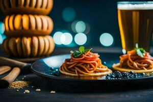 une assiette avec spaghetti et une verre de bière. généré par ai photo