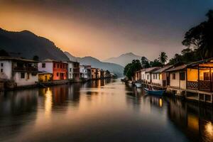 photo fond d'écran le ciel, eau, montagnes, Maisons, bateaux, coucher de soleil, le eau, le. généré par ai