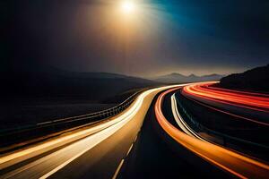 une longue exposition photo de une Autoroute à nuit. généré par ai