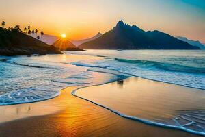 le Soleil ensembles plus de une plage et montagnes. généré par ai photo