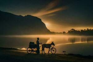 une homme avec une cheval et Chariot par le l'eau à lever du soleil. généré par ai photo