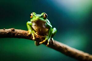 une grenouille séance sur une branche avec une vert Contexte. généré par ai photo