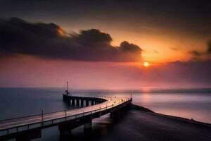 une longue exposition photographier de une jetée à le coucher du soleil. généré par ai photo