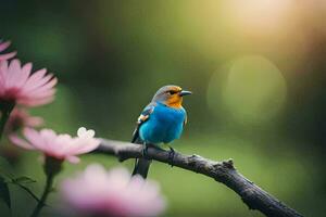 une bleu et Jaune oiseau est assis sur une branche. généré par ai photo