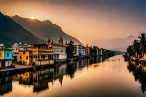 le Soleil ensembles plus de une rivière dans Inde. généré par ai photo