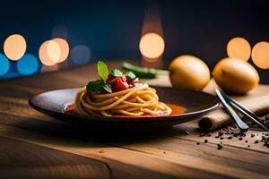 spaghetti avec tomate sauce et basilic feuilles sur une en bois tableau. généré par ai photo