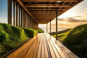 le passerelle pistes à le océan à le coucher du soleil. généré par ai photo