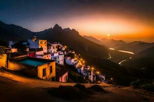 photo fond d'écran le ciel, montagnes, coucher de soleil, le village, le coucher de soleil, le village, le. généré par ai