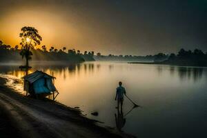 une homme des stands sur le rive de une rivière à lever du soleil. généré par ai photo