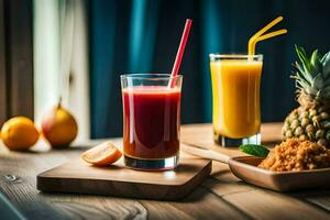 deux des lunettes de jus avec des oranges et Ananas. généré par ai photo