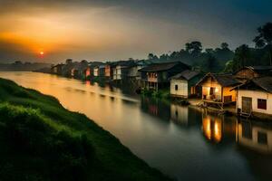 une rivière dans le milieu de une village à le coucher du soleil. généré par ai photo