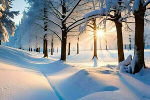 neige couvert des arbres dans le Soleil. généré par ai photo