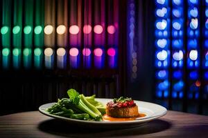 une assiette de nourriture est assis sur une table dans de face de coloré lumières. généré par ai photo