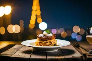 une assiette de spaghetti avec une verre de du vin et une vue de le Eiffel la tour. généré par ai photo