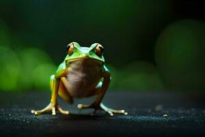 une grenouille est permanent sur une foncé surface. généré par ai photo