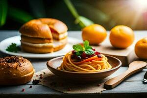 spaghetti avec tomate sauce et pain sur une en bois tableau. généré par ai photo