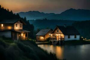deux petit Maisons asseoir sur le bord de une Lac à nuit. généré par ai photo