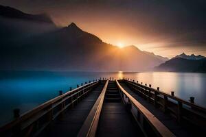 une pont plus de une Lac à le coucher du soleil. généré par ai photo