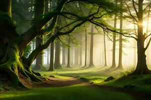 une chemin par une forêt avec des arbres et brouillard. généré par ai photo
