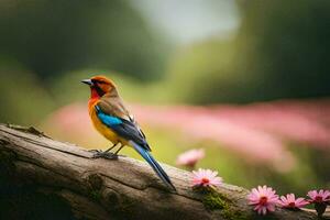 une coloré oiseau est assis sur une branche dans de face de rose fleurs. généré par ai photo