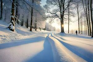 une neigeux route dans le les bois avec des arbres. généré par ai photo