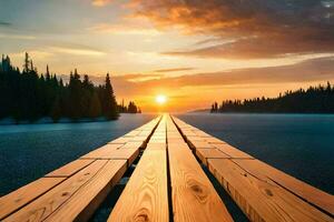 une en bois pont plus de une Lac à le coucher du soleil. généré par ai photo