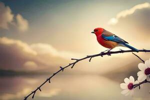 une rouge oiseau est assis sur une branche avec une fleur. généré par ai photo