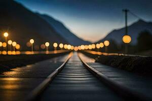 une longue train Piste avec lumières sur il à nuit. généré par ai photo